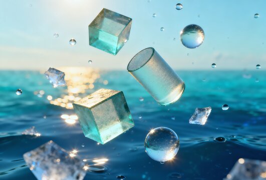 Ice cubes floating in ocean water.