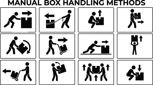 Manual box handling methods showing industrial safety procedures for workers depicted as icons on transparent background