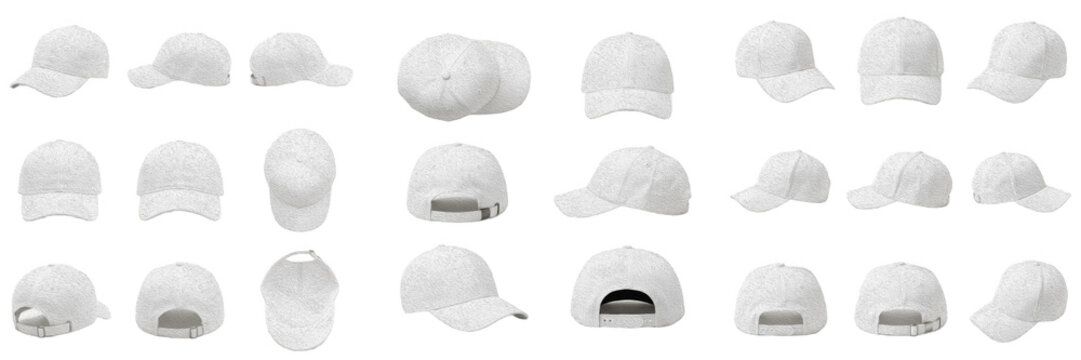 Set of White Baseball Caps Multi Angle Transparent PNG Fashion Headwear Mockup For Brand Design
