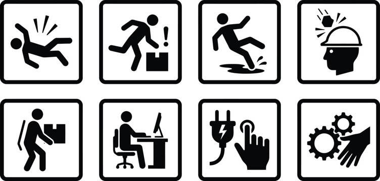 Set of eight black and white safety warning icons for industrial workplace hazards on transparent background.