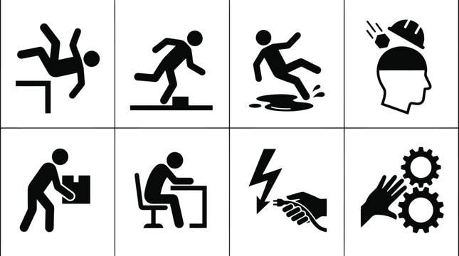 Set of black workplace safety icons showing common occupational hazards and warnings on transparent background