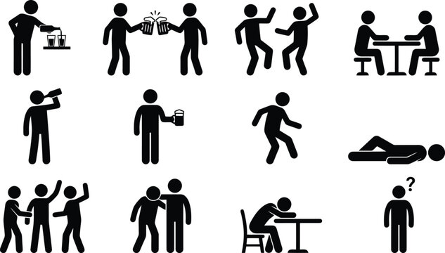 Set of black stick figure icons depicting various social drinking behaviors and human actions on transparent background