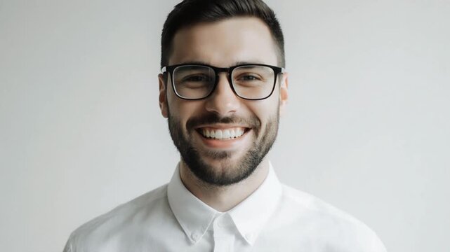 Young Man Putting On Eyeglasses and Smiling