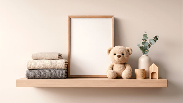 Neutral nursery shelf with blank wooden picture frame, teddy bear and soft decor elements. Scandinavian interior, baby room styling, minimalist mockup, cozy home decoration concept