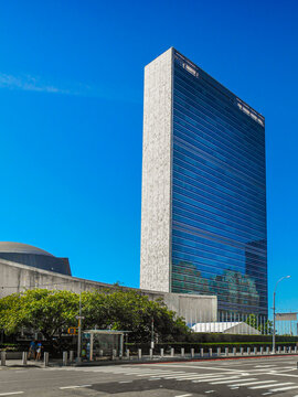 New York City, NY&mdash;June 16, 2018; The United Nations Secretariat Building rises above First Avenue under clear blue skies in Manhattan