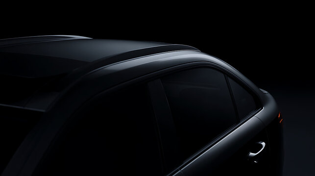 Sleek modern vehicle roofline and rear window detail with sunroof in dynamic low light. Dark shadow play on contemporary automotive design. Minimalist car view