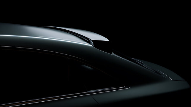 Sleek, Modern Vehicle Design Element: Dynamic Lines and Aerodynamic Spoiler Detail on a Dark Background with Light Reflection