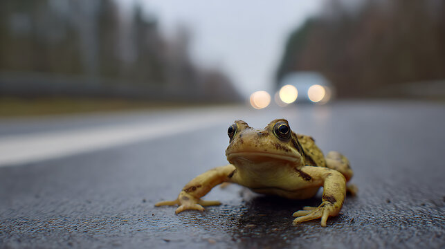 Small frog sitting on a wet asphalt road with blurred car headlights in the background, a moment of vulnerability and danger for wildlife
