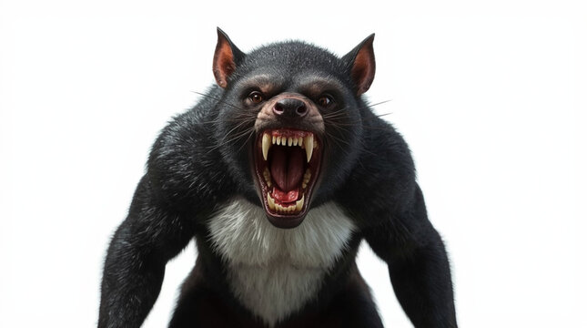 Realistic Tasmanian Devil Fierce Open Mouth Teeth Black Fur White Background Photography