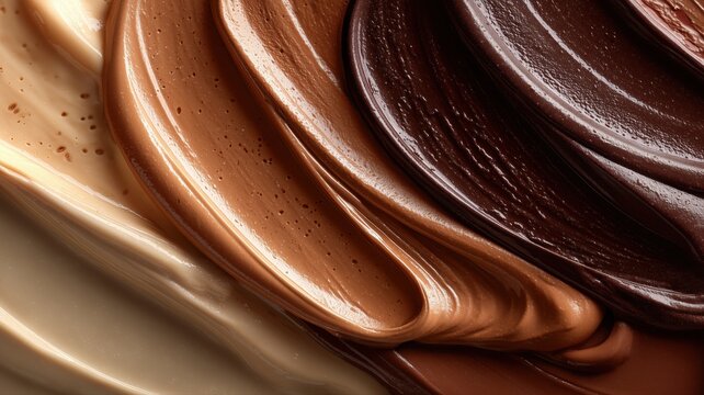 複数のチョコレートクリームが混ざり合っている質感のアップ。スイーツやデザートの素材や背景に使えるテクスチャー