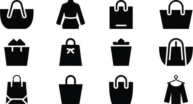 Black silhouette icons of handbags and clothing
