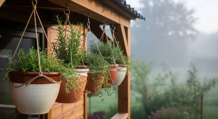 Green herbs in hanging pots on a wooden porch. Culinary rosemary and thyme plants arranged in clay containers for outdoor garden decor. Fresh organic spices for kitchen ingredient. © Hamster