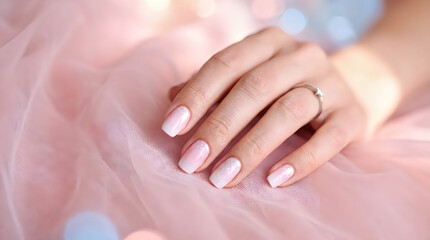 Fototapeta premium Womans hand with pink manicured nails and diamond ring on finger resting on pink fabric