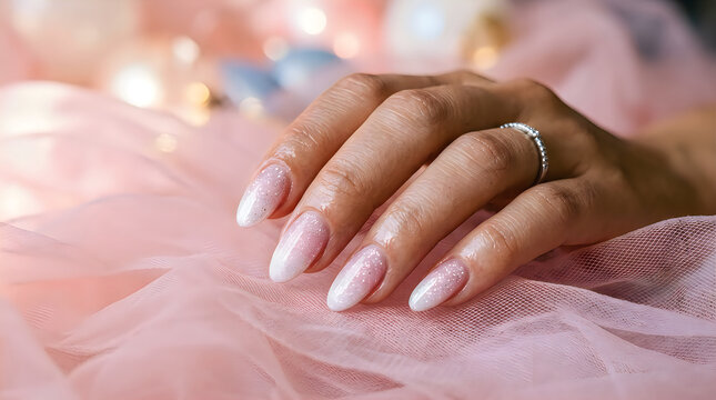 Womans hand with pink glitter nails on pink tulle fabric closeup
