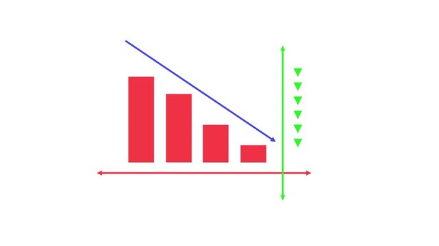 Abstract graphic illustrating a continuous downward trend, featuring a decreasing bar chart, diagonal line, and multiple descending arrows, symbolizing reduction