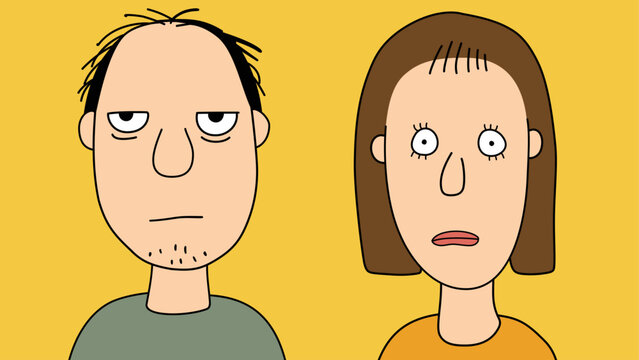 Ugly people man and woman funny faces cartoon characters clipart with head doodle drawing vector on yellow background