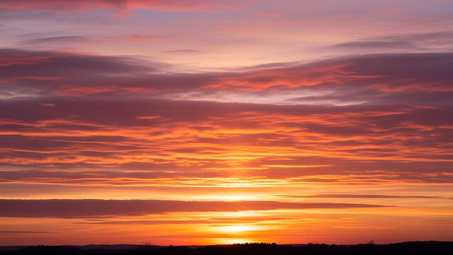 Vibrant orange sunset with scattered clouds in the sky at dusk