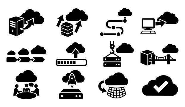 Cloud Migration Silhouette Set &ndash; Data Transfer, Hybrid Cloud, Digital Transformation Icons