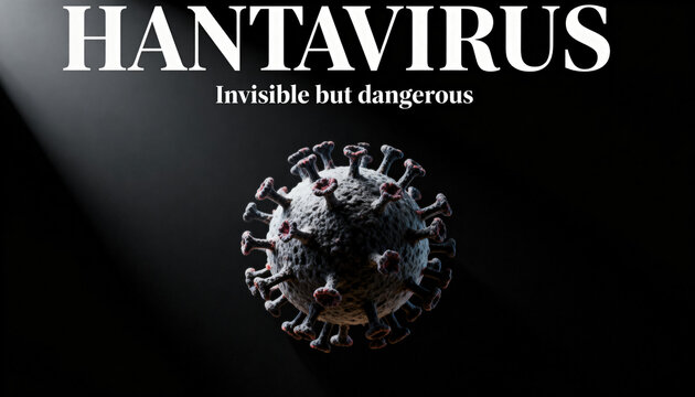 Hantavirus particle illustration on dark background with warning text