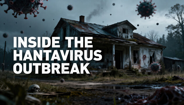 Abandoned house with hantavirus outbreak warning text in overgrown rural setting