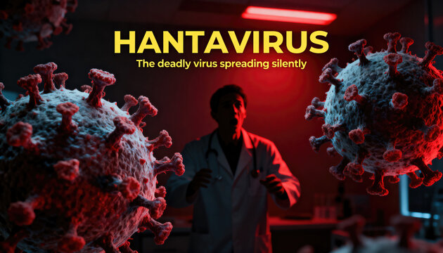 Scientist examines hantavirus under red lighting in laboratory with virus particles
