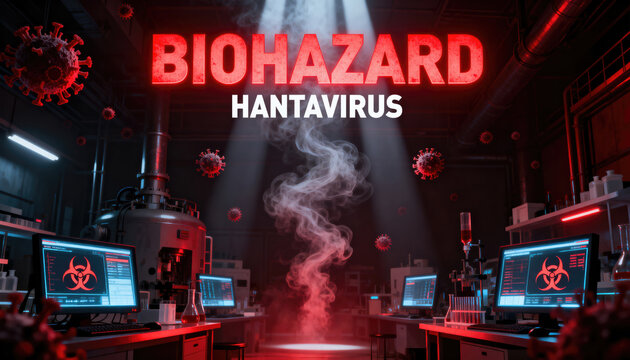Biohazard warning sign with hantavirus label in high-tech laboratory setting