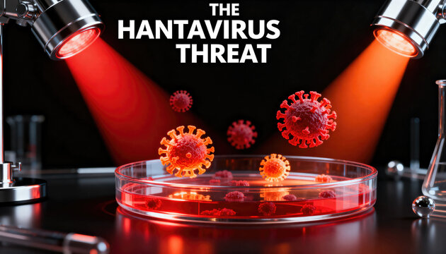 Hantavirus particles under microscope in laboratory petri dish with warning text