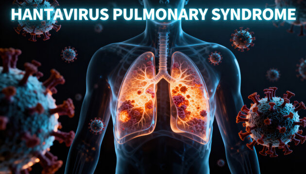 Human body with transparent lungs and hantavirus particles