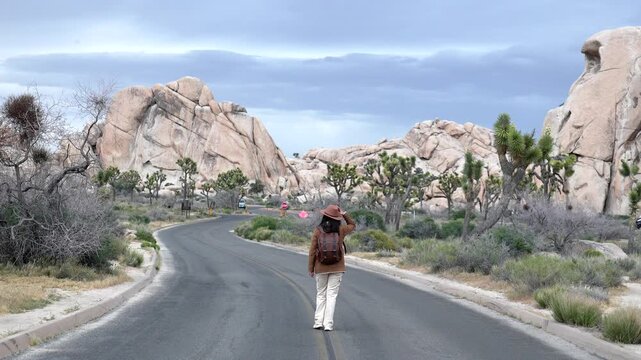 Young female traveler with a hat and a backpack enjoying a solitary walk on an empty road surrounded by yucca trees and giant rock formations in the majestic american desert landscape