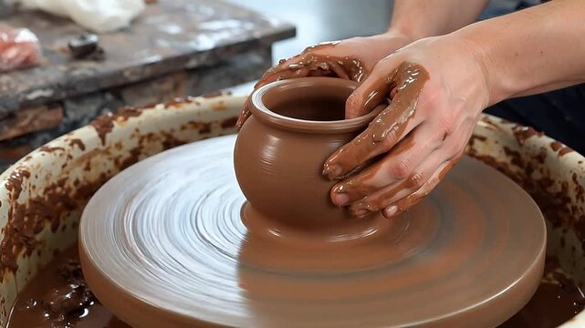 Hands shaping clay pot on wheel symbolizing conceptual art and dynamic energy
