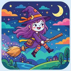 Fototapeta premium Whimsical illustration featuring young witch riding broom across night sky filled with stars and crescent moon surrounded by playful clouds and tiny village scenery below.