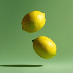 2つのレモンが浮かんでいる様子。フルーツや食材のイメージに使える静物写真