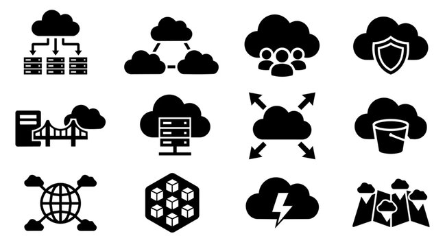 Cloud Infrastructure Silhouette Set &ndash; Multi Cloud, Kubernetes, CDN, Serverless Icons