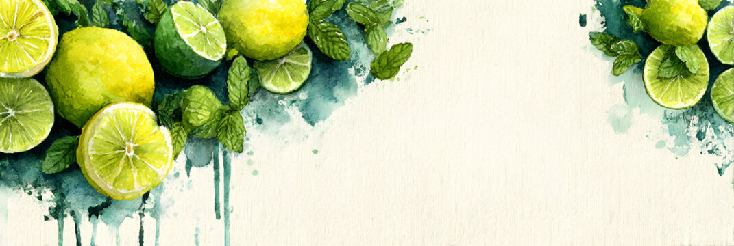 Fresh green limes and mint leaves arranged on a textured background in watercolor illustration