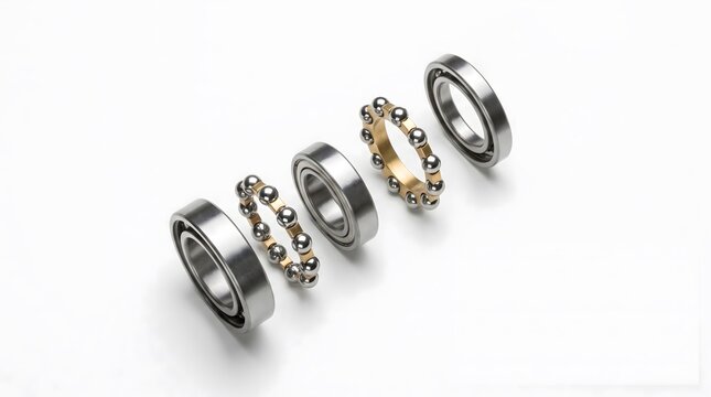 Deconstructed ball bearings, industrial components and mechanical parts bearing texture background, precision manufacturing, mechanical engineering detail, copy space