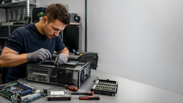 A technician meticulously repairs a computer, showcasing technical expertise