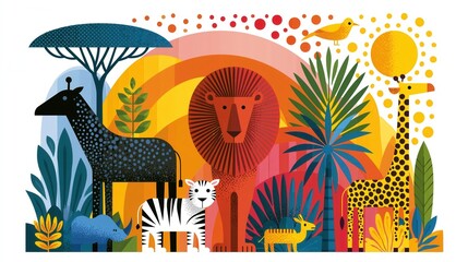 Naklejka premium Geometric illustration of wild african animals in savanna landscape.