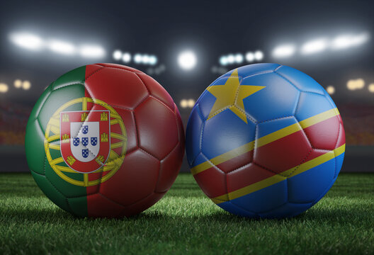 Two soccer balls in flags colors on a stadium blurred background. Portugal vs DR Congo. 3D image.