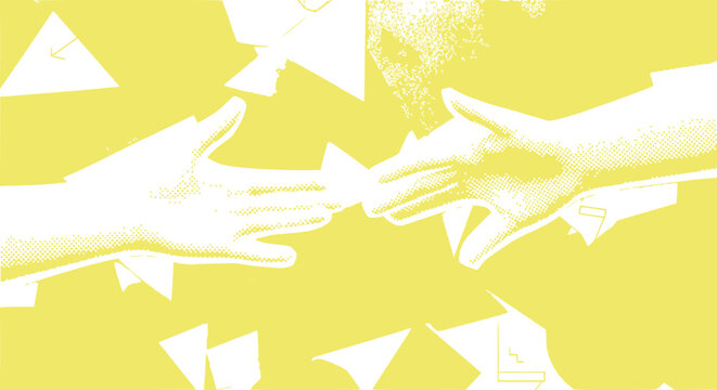 Abstract handshake illustration with geometric shapes on yellow background