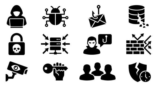 Cybersecurity Threat Silhouette Set &ndash; Hacker, Malware, Phishing, Data Breach Security Icons