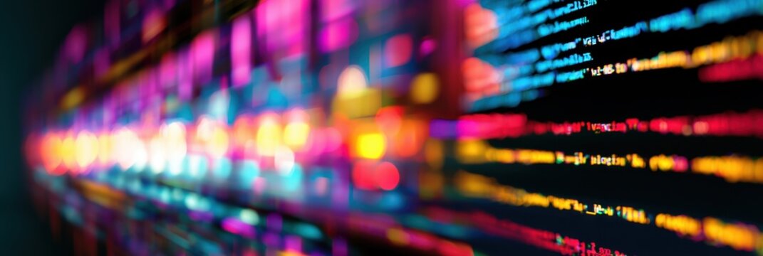 a wide, dynamic, and abstract close up of luminous, colorful data and code, showcasing a digital landscape filled with vibrant pink, purple, blue, yellow, and red hues, creating a glow Generative AI
