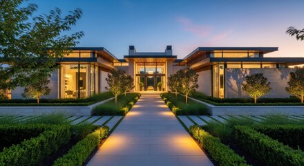 Fototapeta premium Contemporary Dwelling at Twilight Serene Estate Affluent Lifestyle Architectural Marvel Suburban Dream Luxurious Residence Upscale Living Landscaped Grounds at Dusk