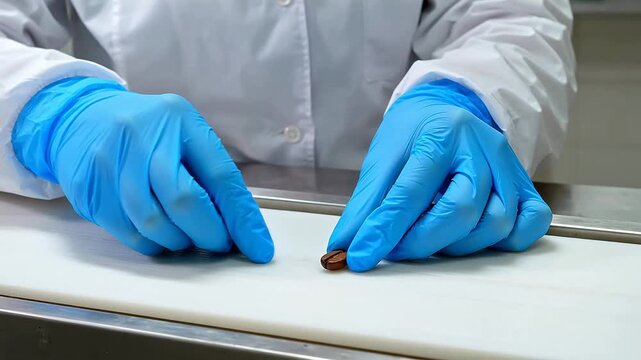 Person in lab coat handling small object representing a commitment to global public health