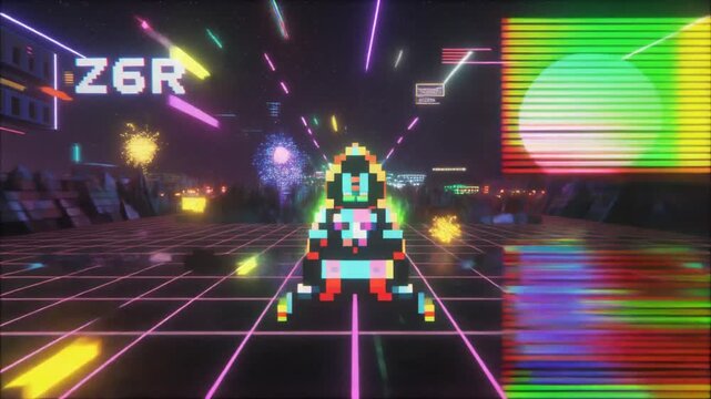 Retro Sci-Fi Spaceship Neon Grid Tunnel with Fireworks