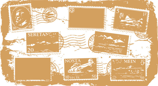 Vintage Postage Stamps Collage, Retro Travel Postmarks, Old Paper Texture