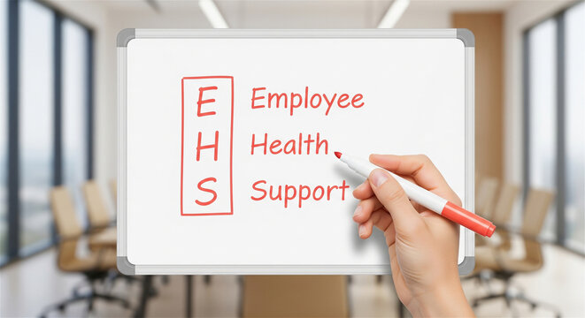 EHS acronym for Employee Health Support on whiteboard, hand writing corporate wellness strategy, workplace safety and health management concept