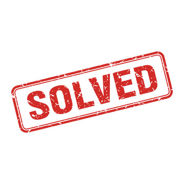 A red rectangular rubber stamp with the word SOLVED embossed on it, isolated on a white background.