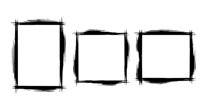 Hand-painted grunge frames set, rough brush strokes, black borders on white background