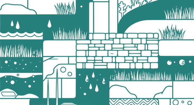 Cross-section of soil layers with grass, water, and stone wall illustration