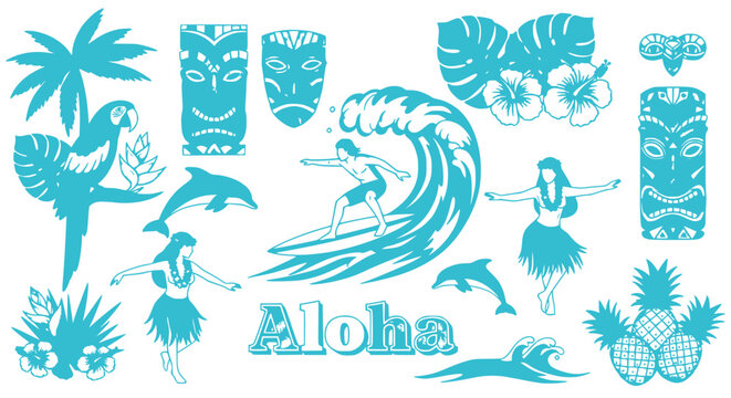 Hawaiian Aloha Tropical Paradise Collection: Surfer, Hula Dancer, Dolphin, Parrot, Tiki Masks